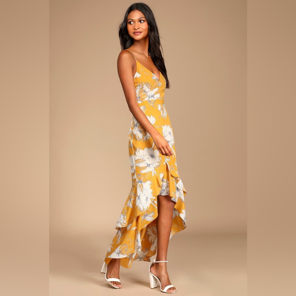 Lulus Darling Daylily Mustard Yellow Floral Print High-Low Maxi Dress - Picture 2 of 10